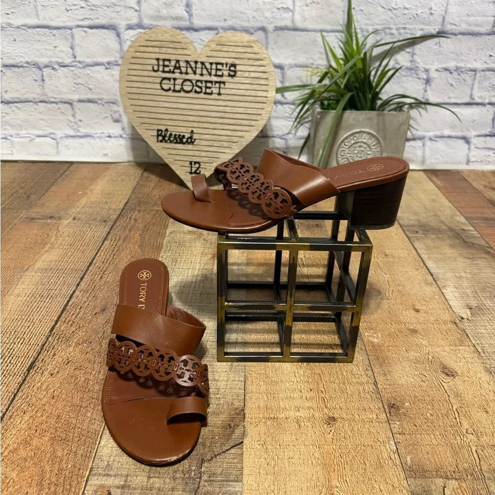 Tory Burch Tiny Miller Toe Ring High Block Sandals size 9 brown leather